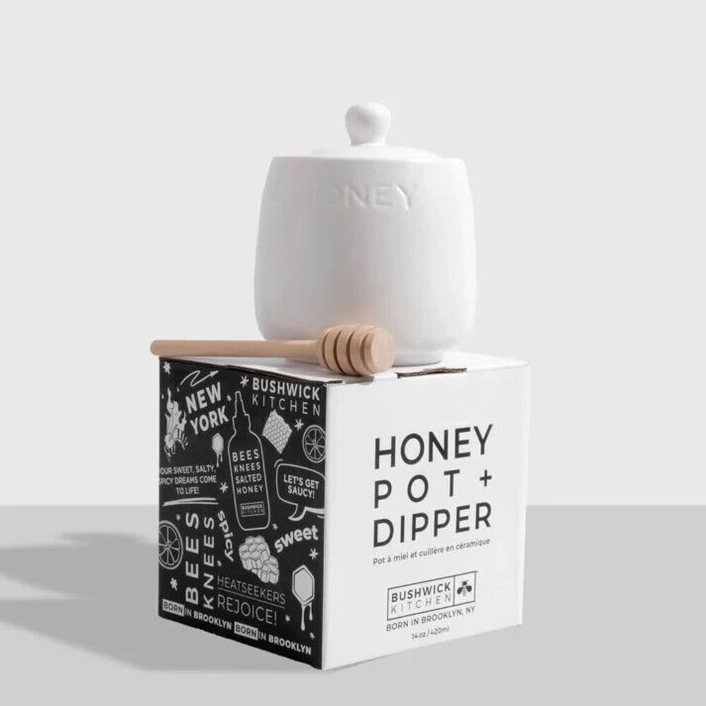 Honey Pot & Dipper White Ceramic Jar‎ Wood Dipper Bushwick Kitchen Honey Storage